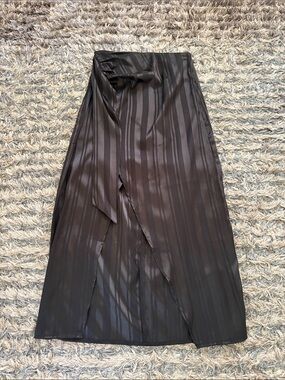 New! Black Satin Stripe Maxi Front Split Skirt Size S